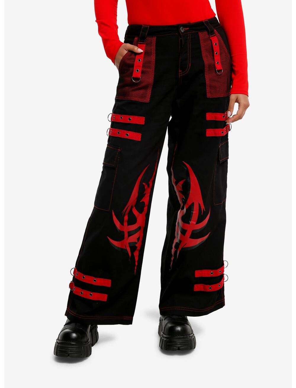 NWT Hot Topic Black & Red Mesh Grommet Strap Wide Leg Carpenter Pants size 3